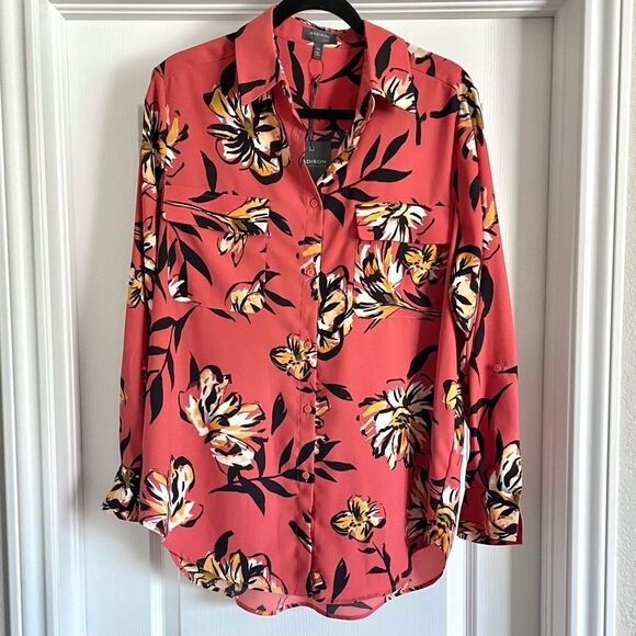 Madison Curvy Essentials Red Multi Floral Button-Up Blouse Red Coral Size 1X - Picture 1 of 8